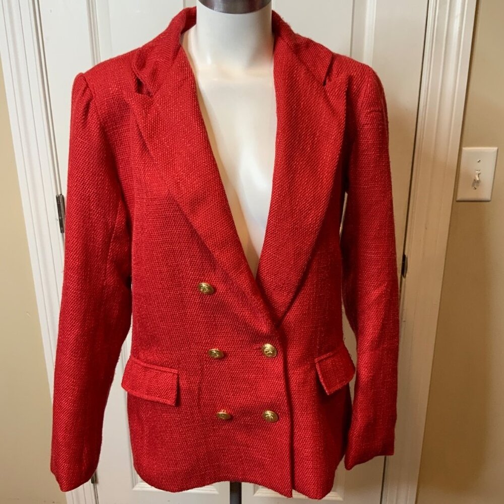bishop + young Red Tweed Double Breasted Notch Lapel Blazer, Size Medium